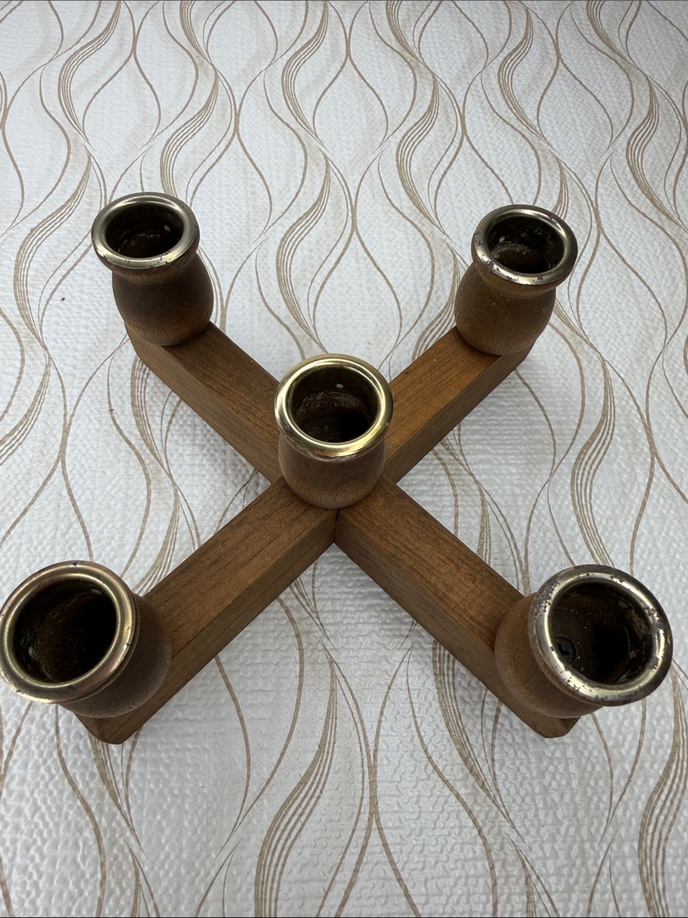 Vintage Wooden Cross-Shaped Candle Holder in Brown